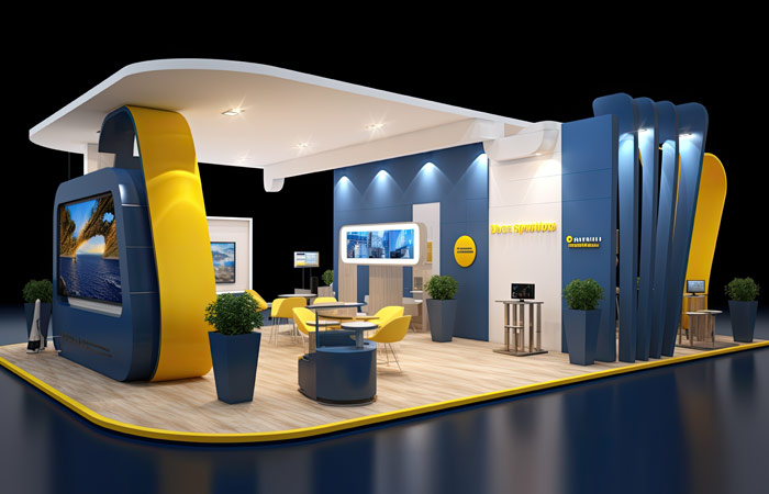 Blue and yellow exhibition stall